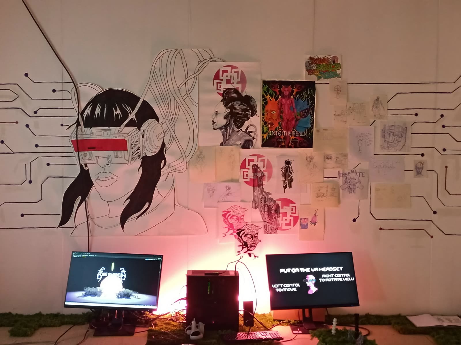 Exhibition installation with mural and VR setup