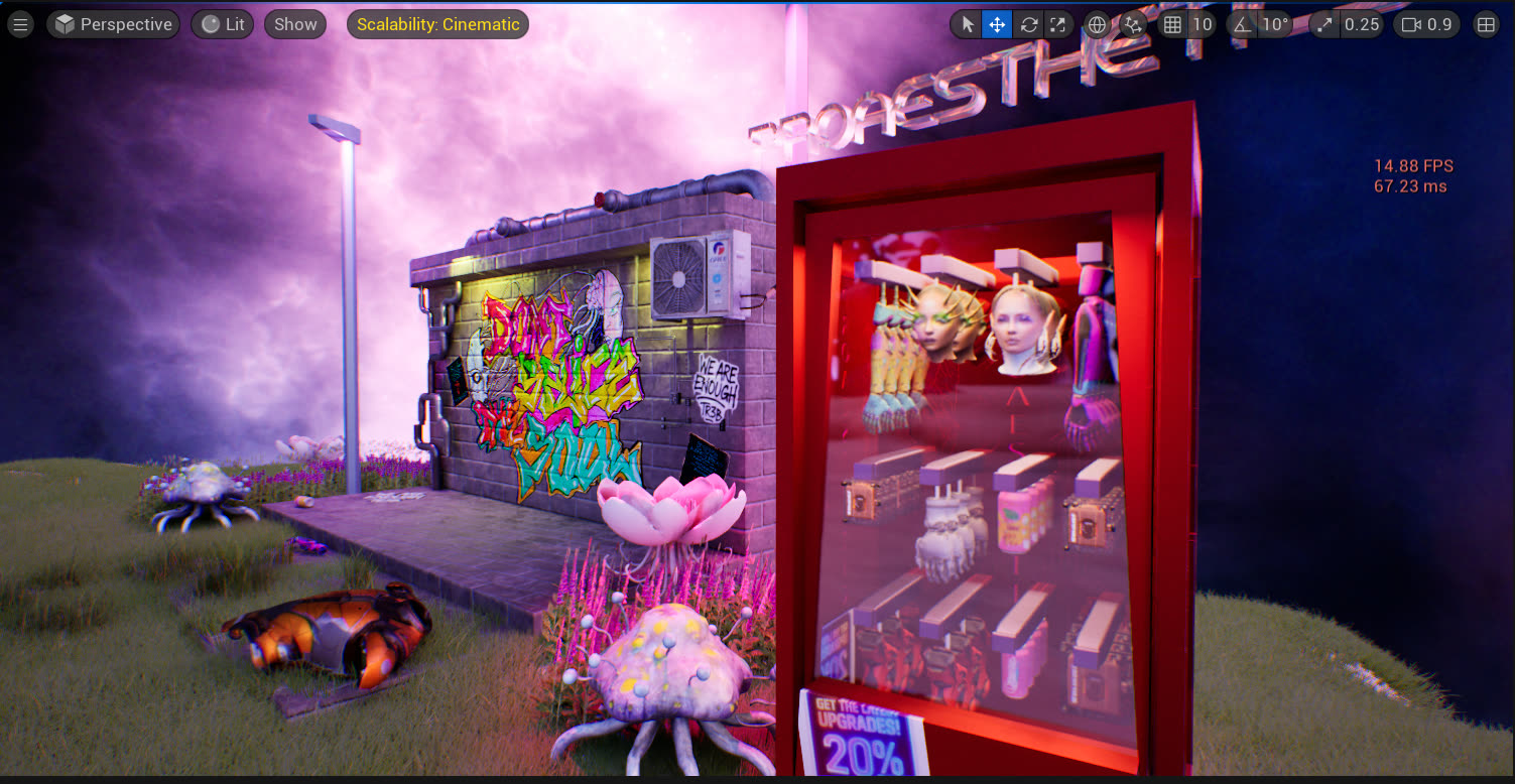 Hand-drawn graffiti wall composited into the Unreal environment